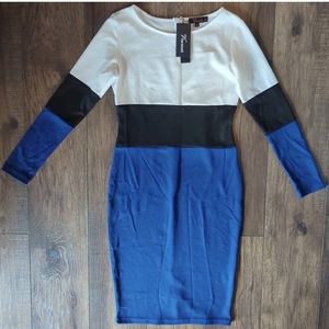 NWT Womens VIWENNI PENCIL DRESS Size Medium Black, Blue & White Colorblock.